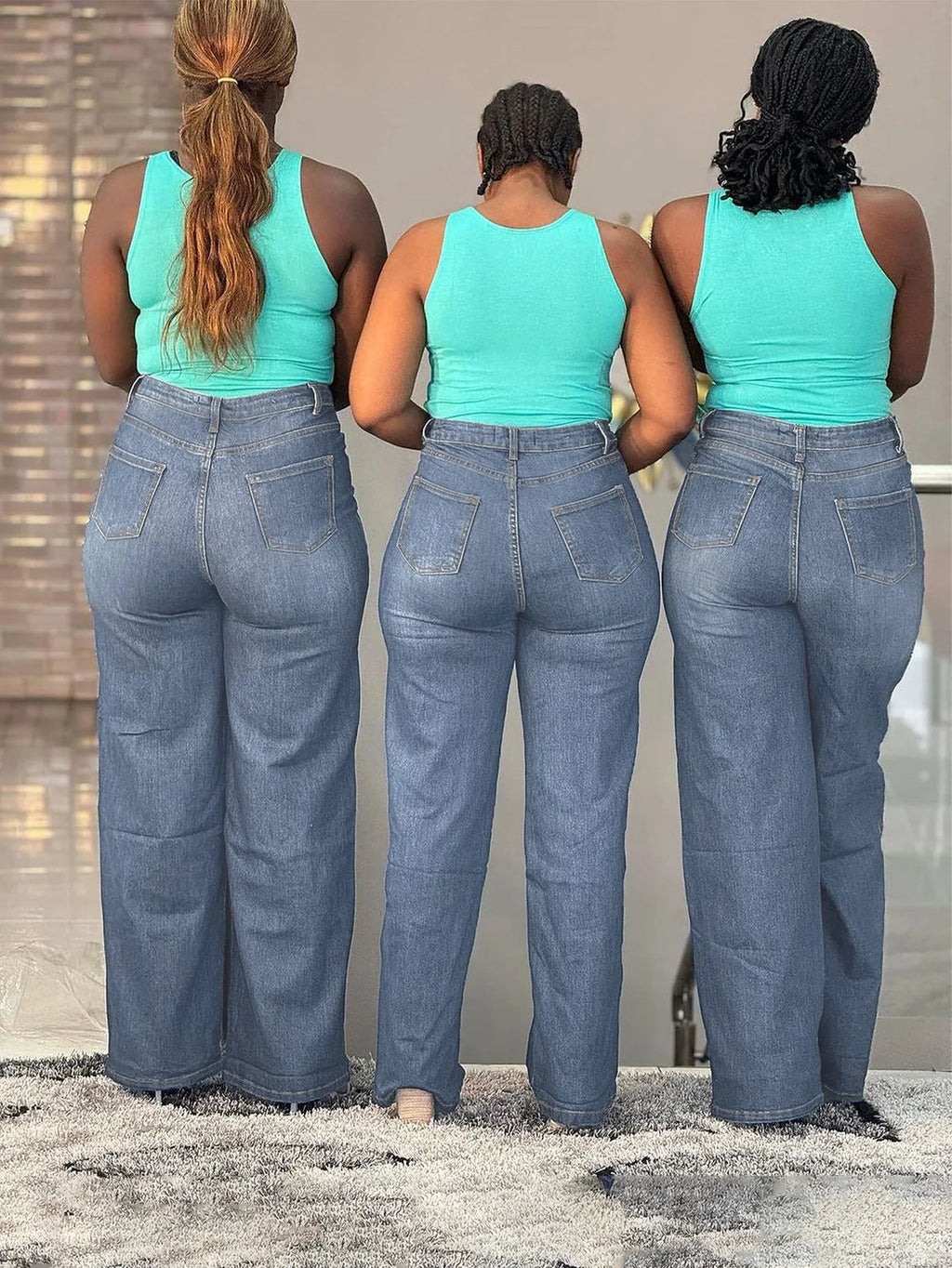 Women Plus Size Light Blue Wide Leg Jeans High Waist Stretch Denim