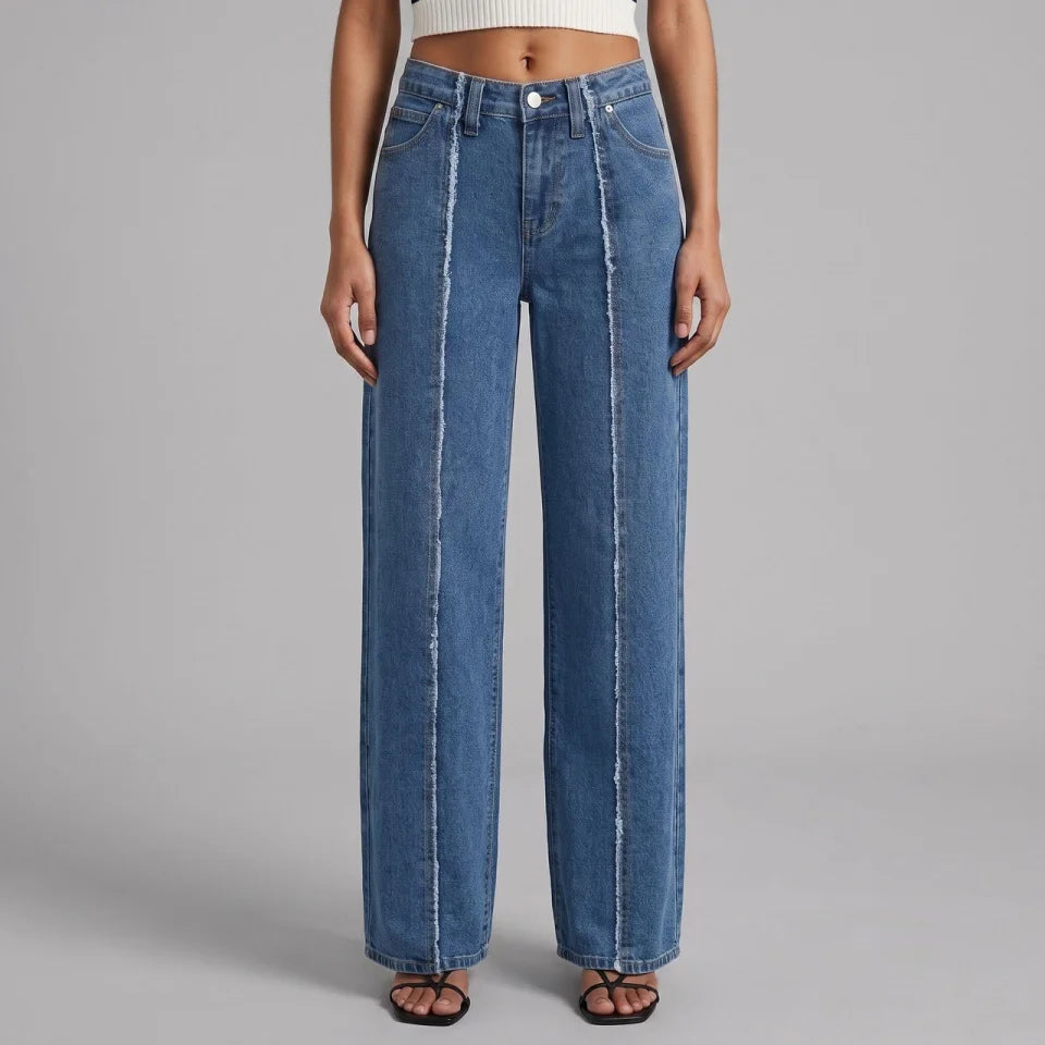 Women Vintage Wide Leg Jeans Medium Blue Contrast Seam Loose Fit