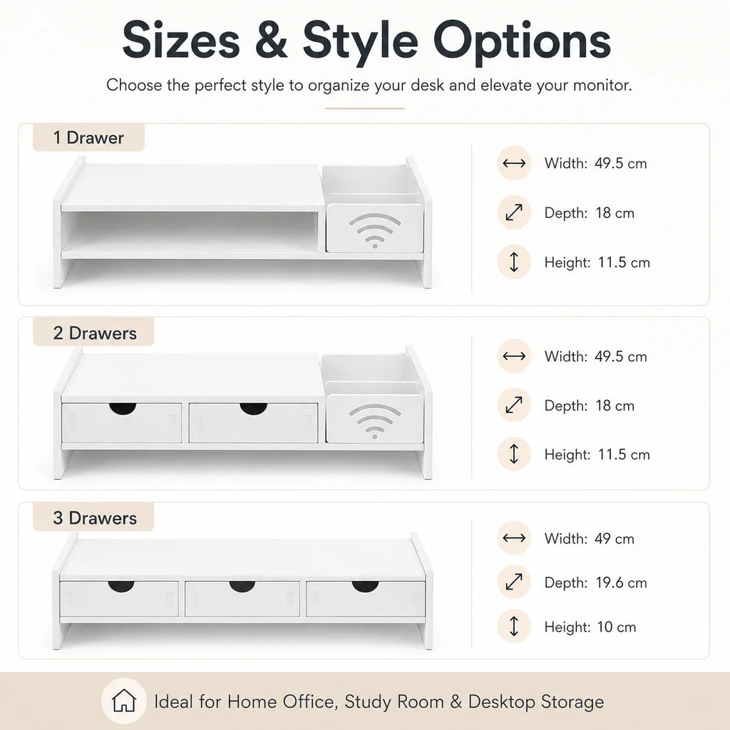 White Desktop Monitor Stand with 3 Storage Drawers
