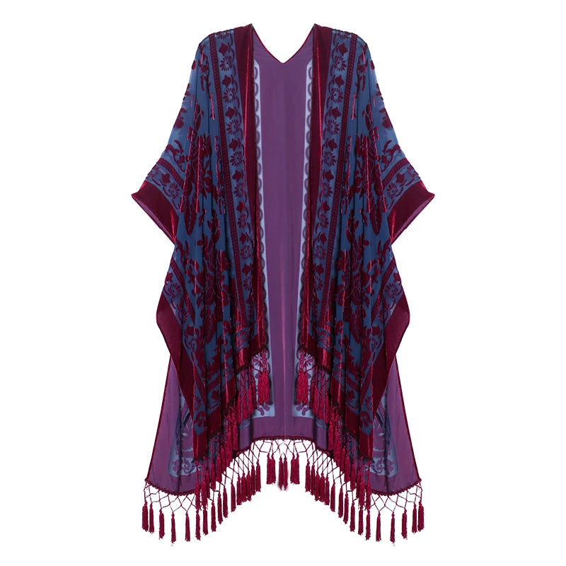 Blue Vintage Burnout Velvet Kimono Cardigan Cover Up Women One Size