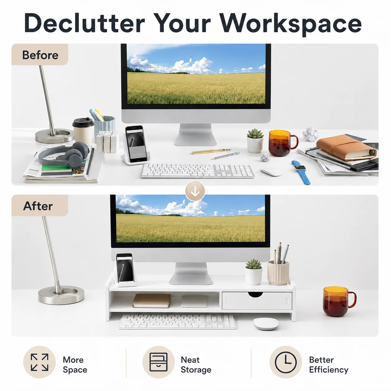 White Desktop Monitor Stand with 3 Storage Drawers