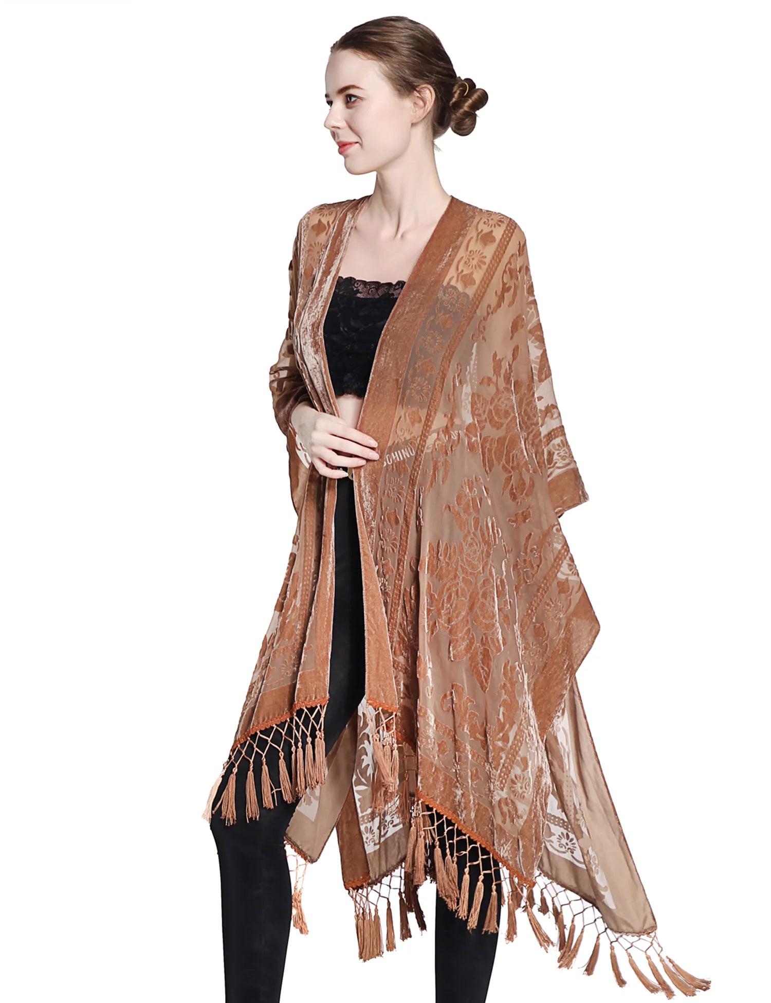 Brown Floral Velvet Burnout Kimono Shawl Scarf Wrap Women One Size