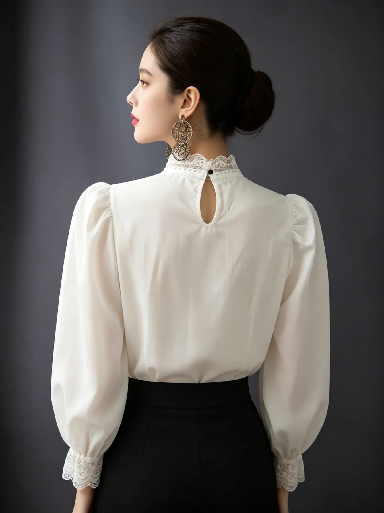 Plus Size White Victorian Lace Blouse Mock Neck Puff Sleeve Women