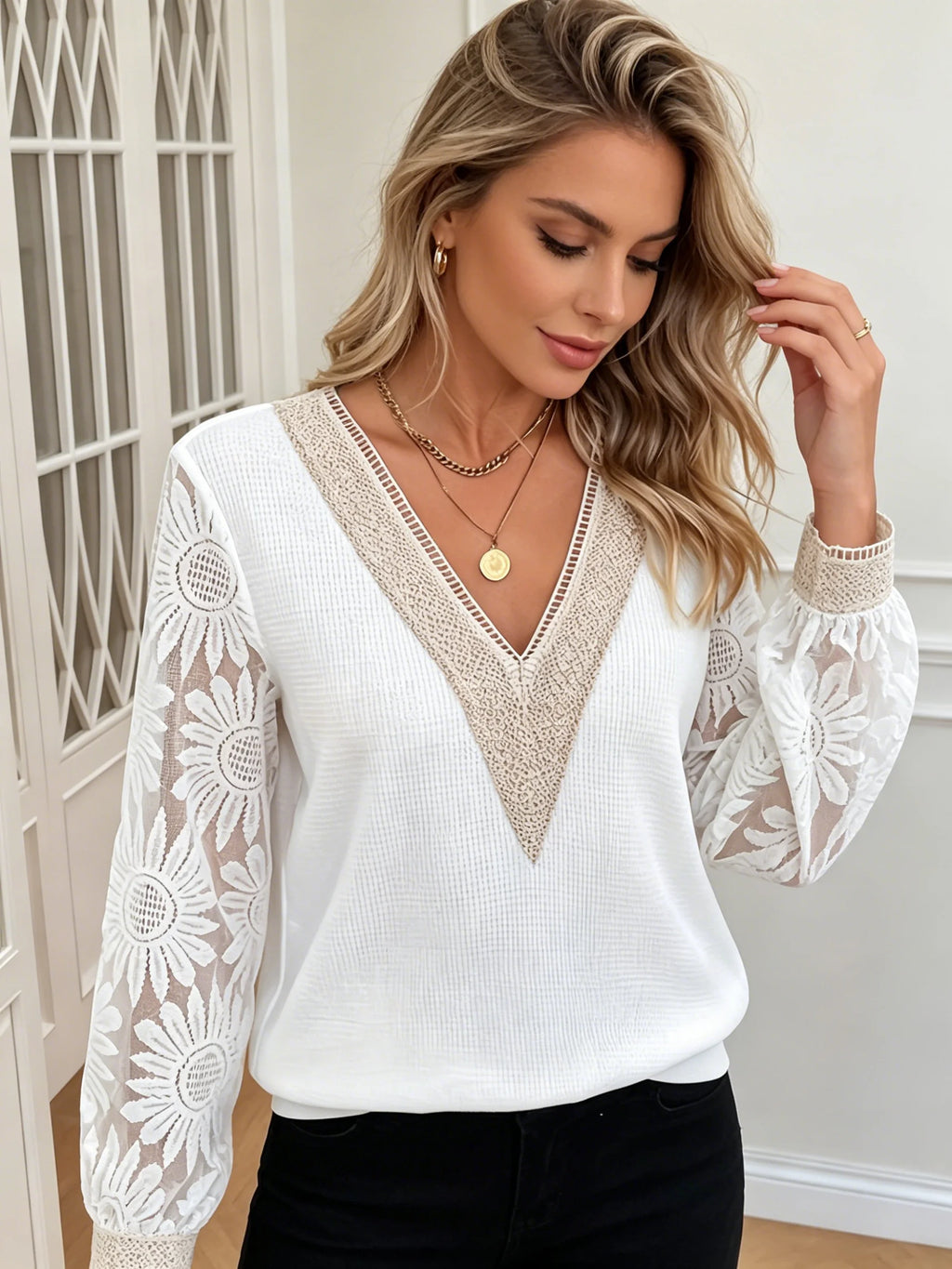 Women White V Neck Lace Sleeve Blouse Loose Fit Office Top