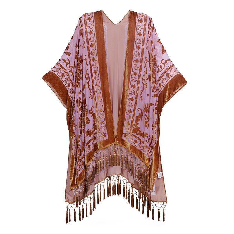 Gold Velvet Kimono Robe Tassel Bridal Bridesmaid Cover Up Women