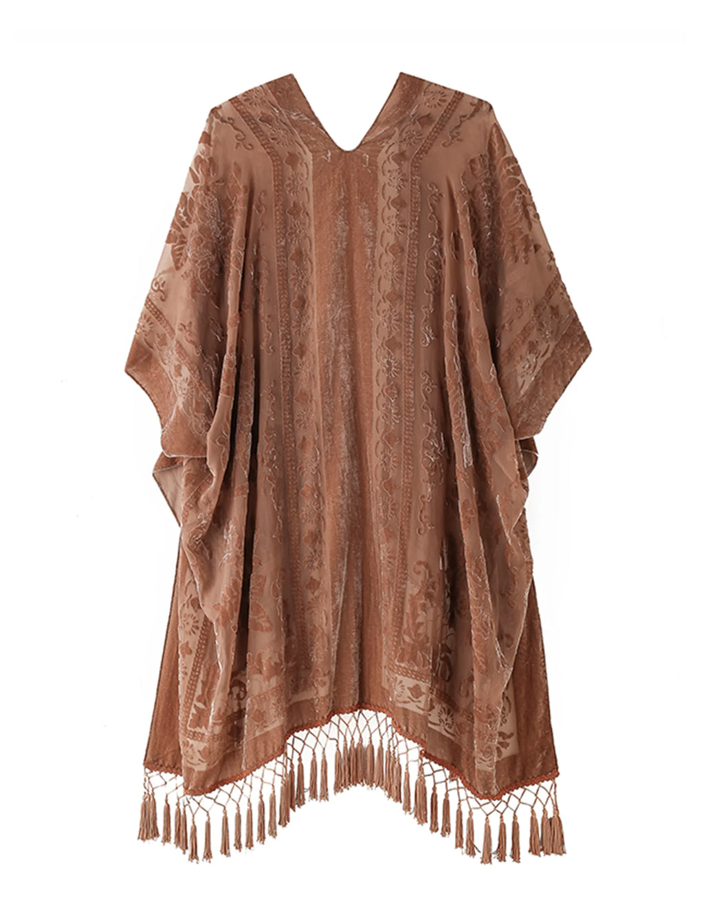 Brown Floral Velvet Burnout Kimono Shawl Scarf Wrap Women One Size