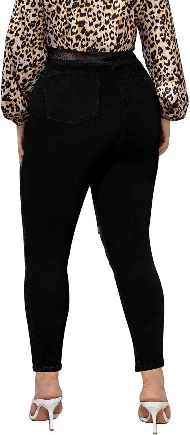 Women Plus Size Black Ripped Skinny Jeans High Waist Distressed Denim