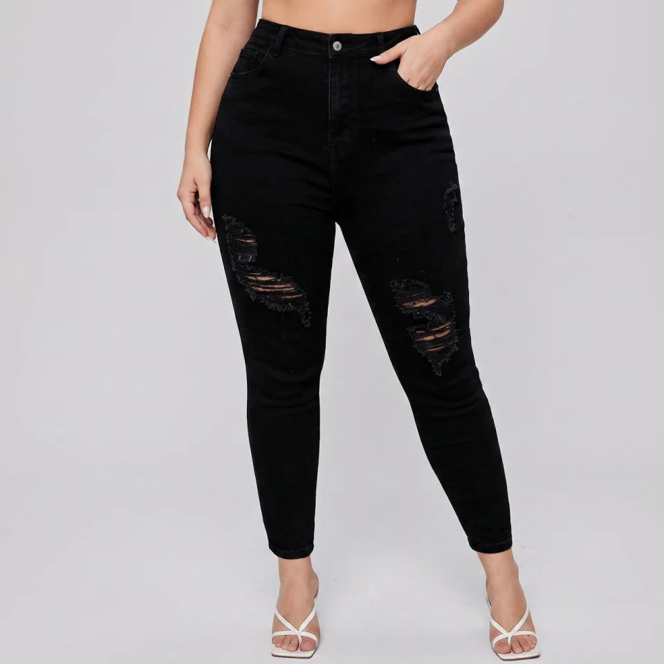 Women Plus Size Black Ripped Skinny Jeans High Waist Distressed Denim