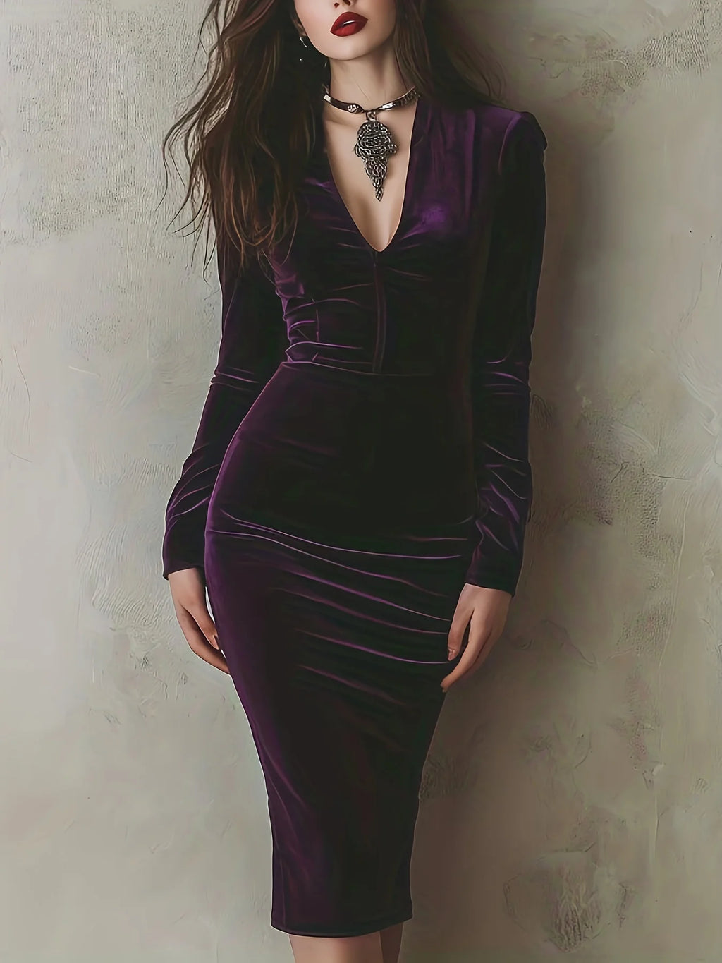 Plus Size Purple Velvet Bodycon Midi Dress Deep V Neck Long Sleeve Women