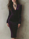 Plus Size Purple Velvet Bodycon Midi Dress Deep V Neck Long Sleeve Women