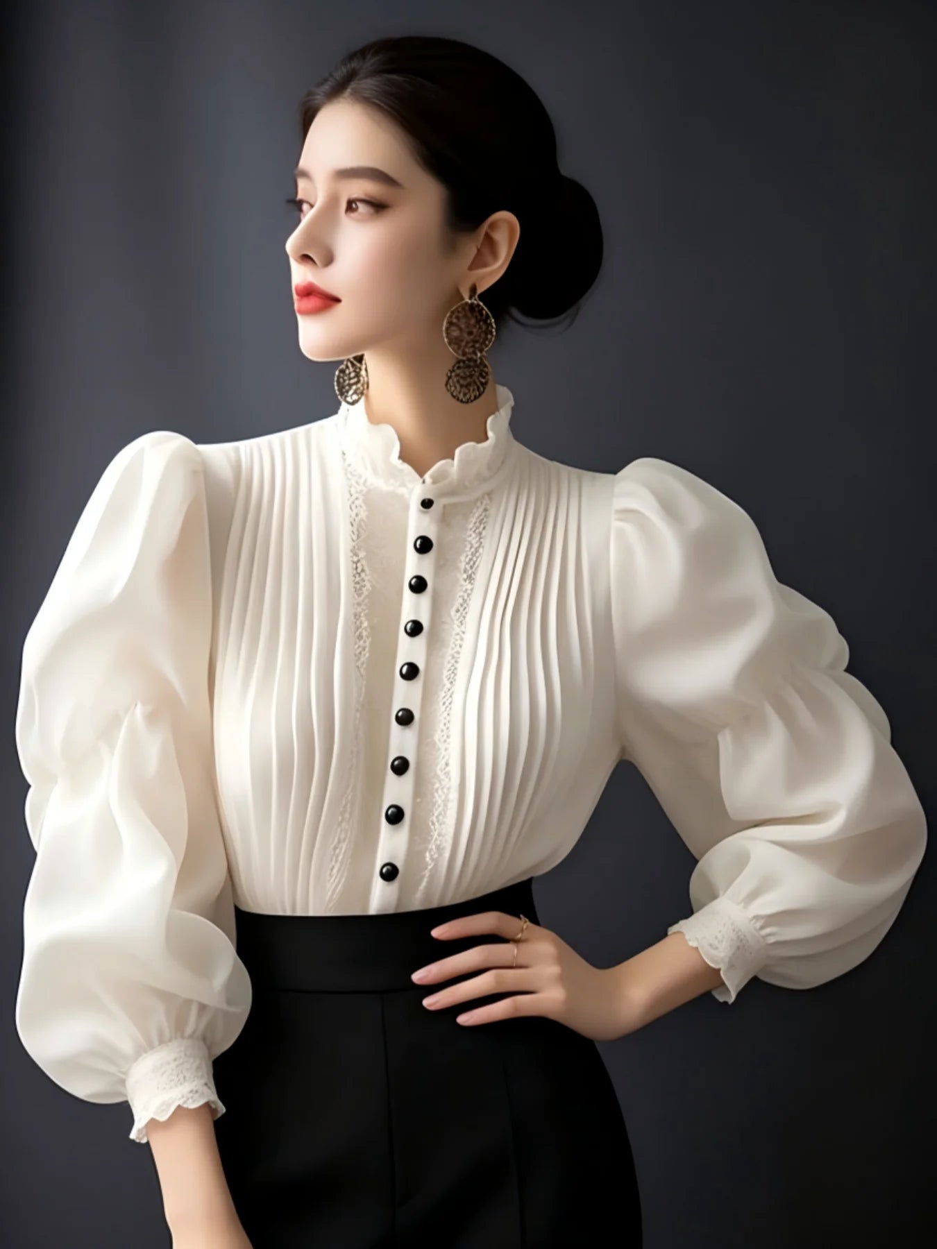 Plus Size White Victorian Lace Blouse Mock Neck Puff Sleeve Women