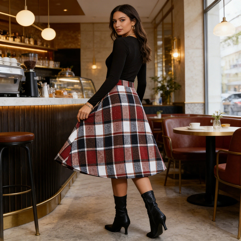 Women's Vintage Plaid A-Line Midi Skirt