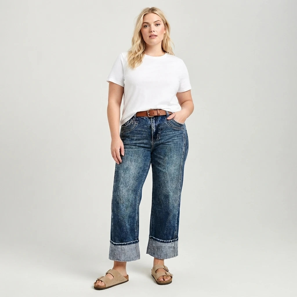 Women Plus Size Black Cuffed Jeans Vintage High Waist Straight Leg Denim