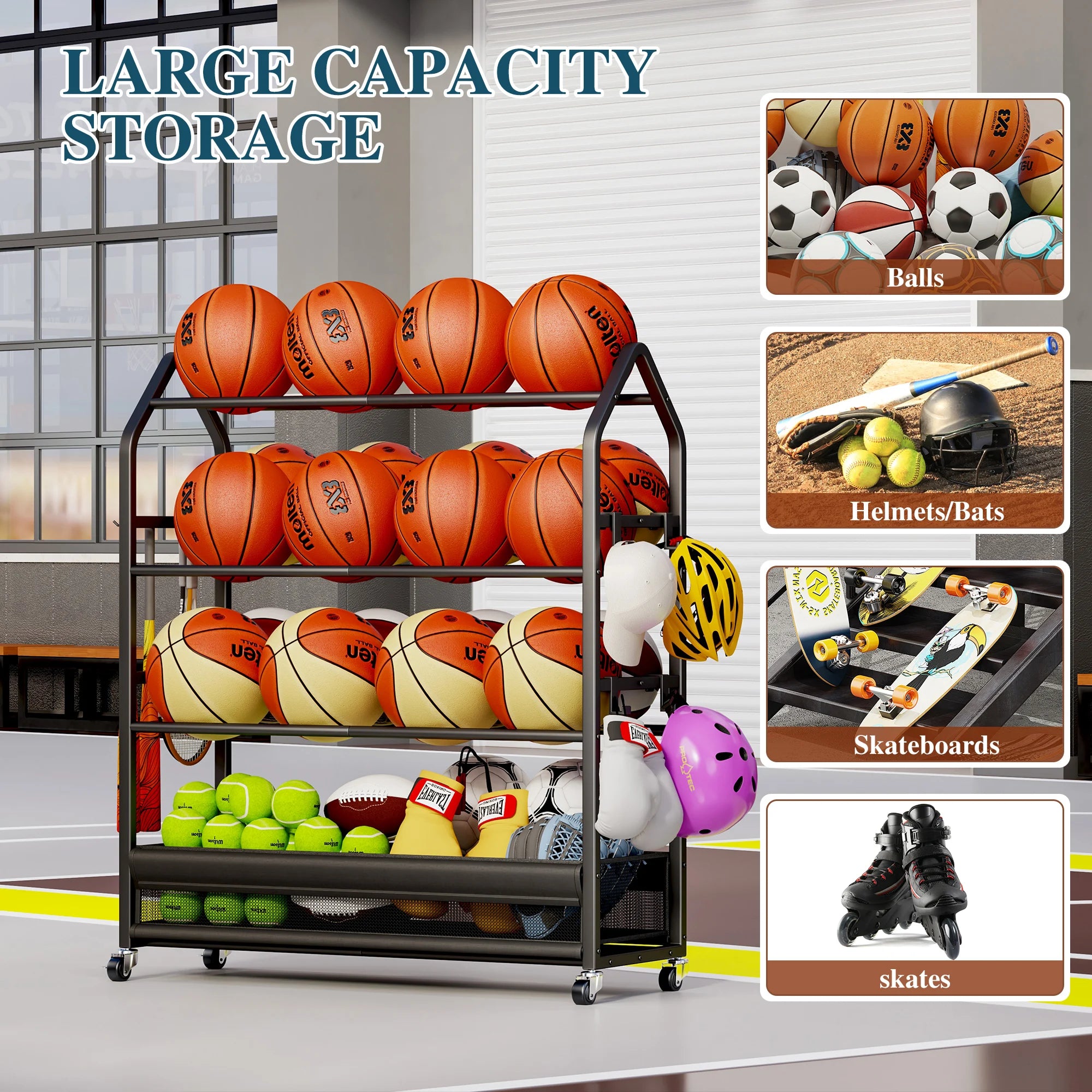 Heavy Duty Rolling Sports Equipment Organizer Ball Storage Rack Hooks