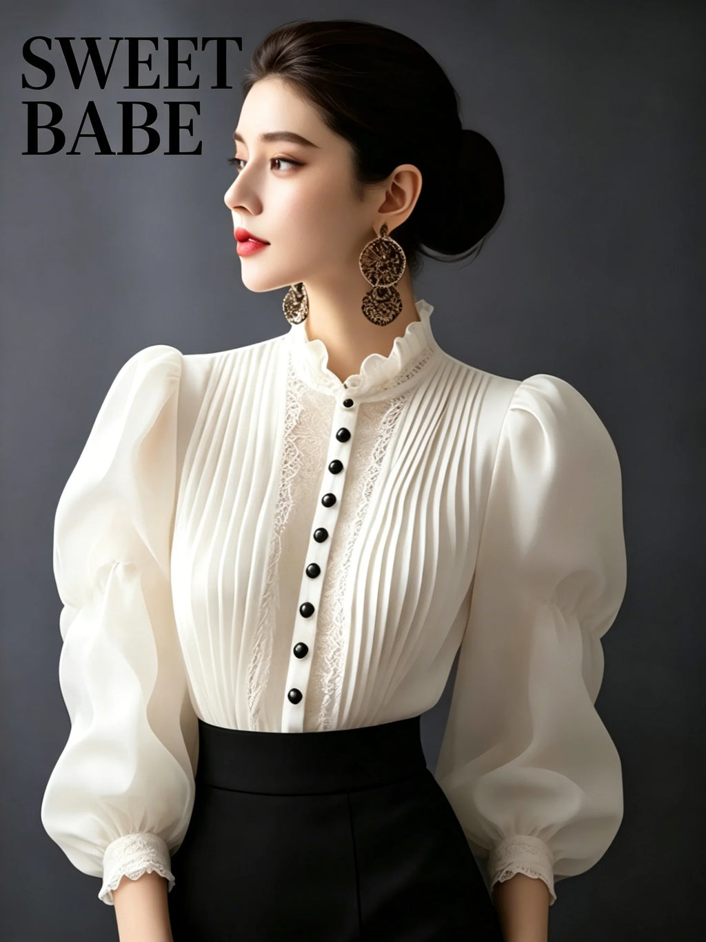 Plus Size White Victorian Lace Blouse Mock Neck Puff Sleeve Women