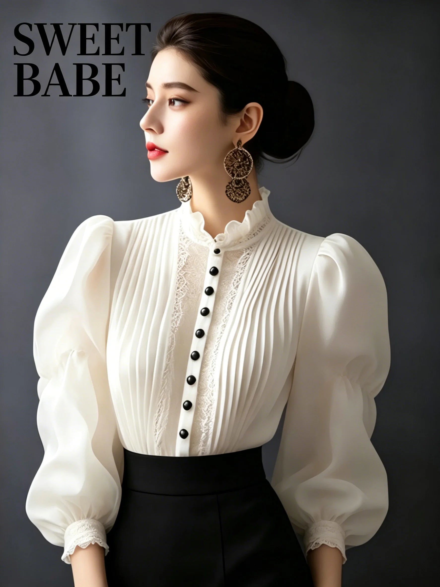 Plus Size White Victorian Lace Blouse Mock Neck Puff Sleeve Women