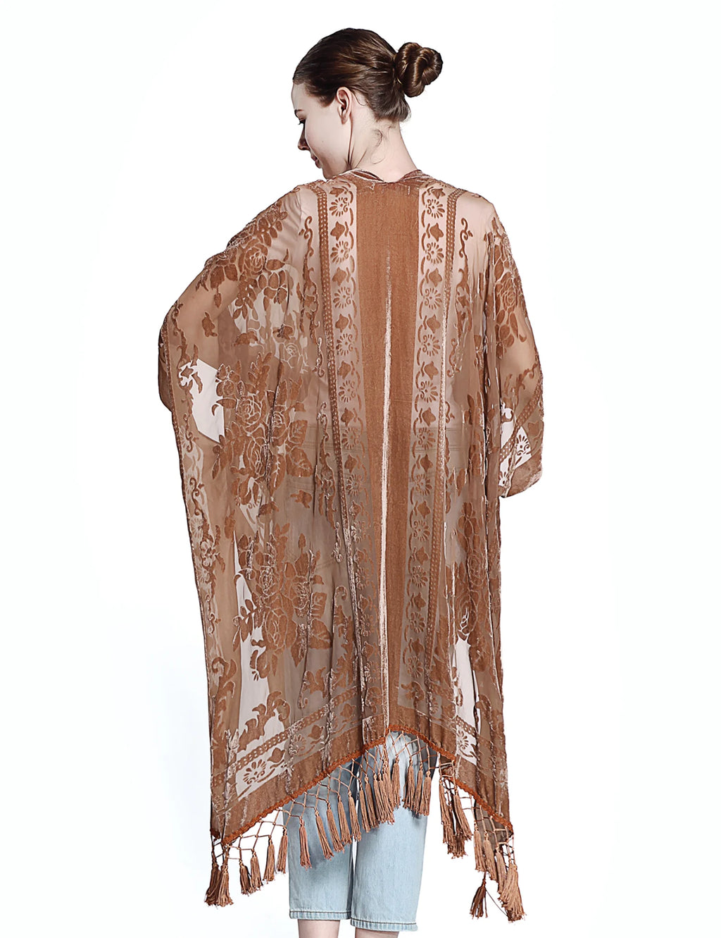 Brown Floral Velvet Burnout Kimono Shawl Scarf Wrap Women One Size