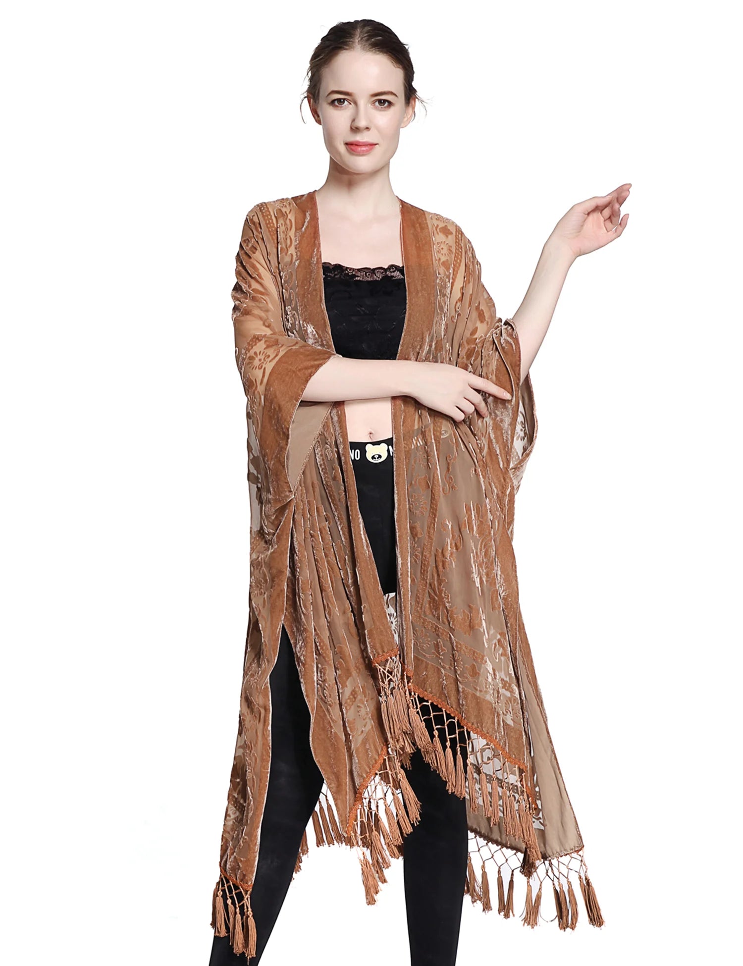 Brown Floral Velvet Burnout Kimono Shawl Scarf Wrap Women One Size