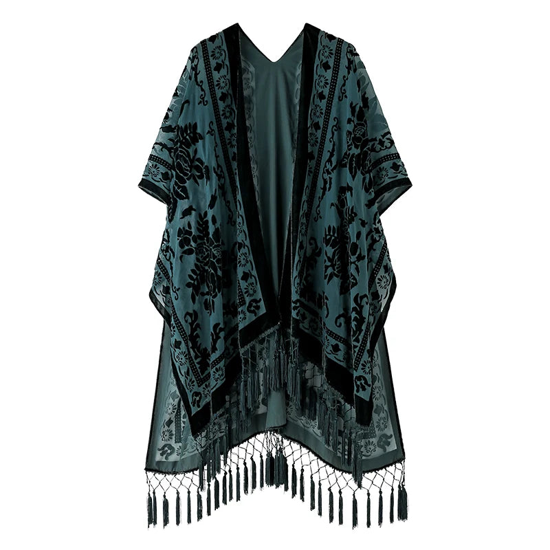 Blue Vintage Burnout Velvet Kimono Cardigan Cover Up Women One Size