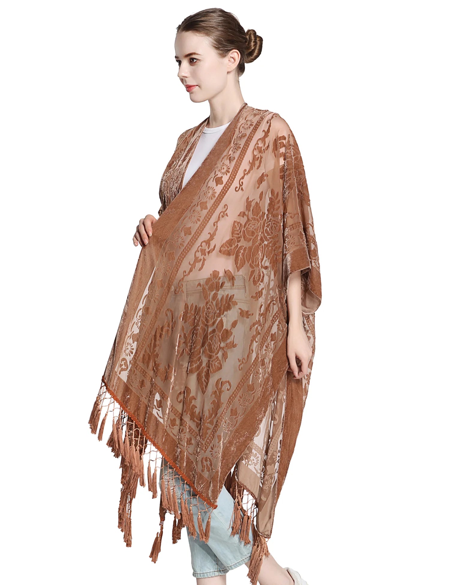 Brown Floral Velvet Burnout Kimono Shawl Scarf Wrap Women One Size