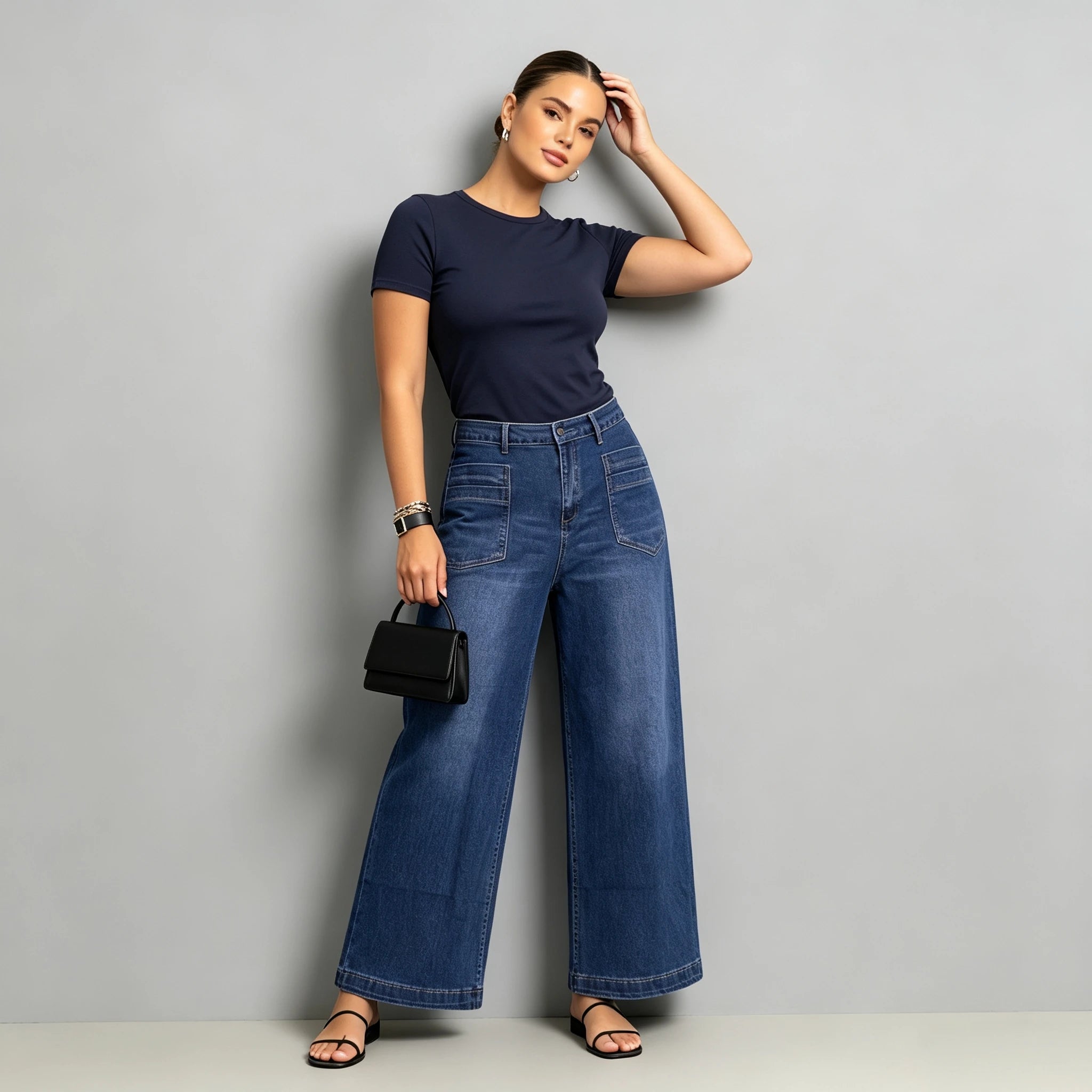 Plus Size Wide Leg Jeans High Waist Blue Denim Front Pocket Curvy Women