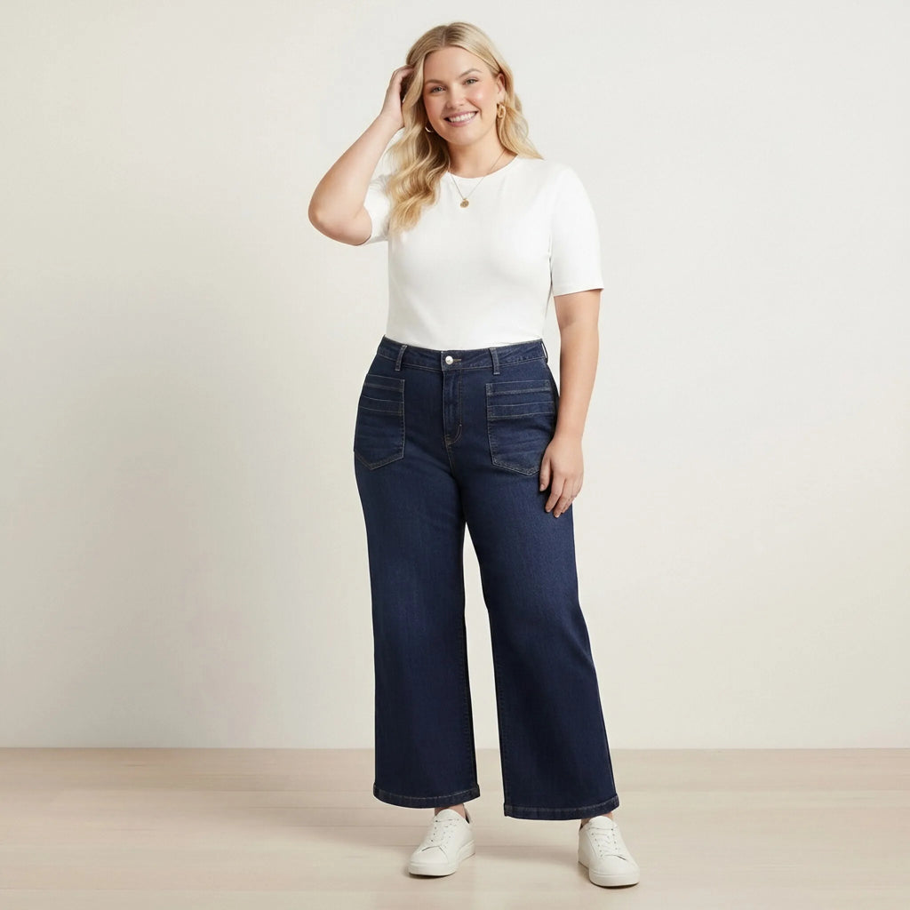 HME Women's Plus Size Dark Blue Wide Leg Jeans with Front Pockets
