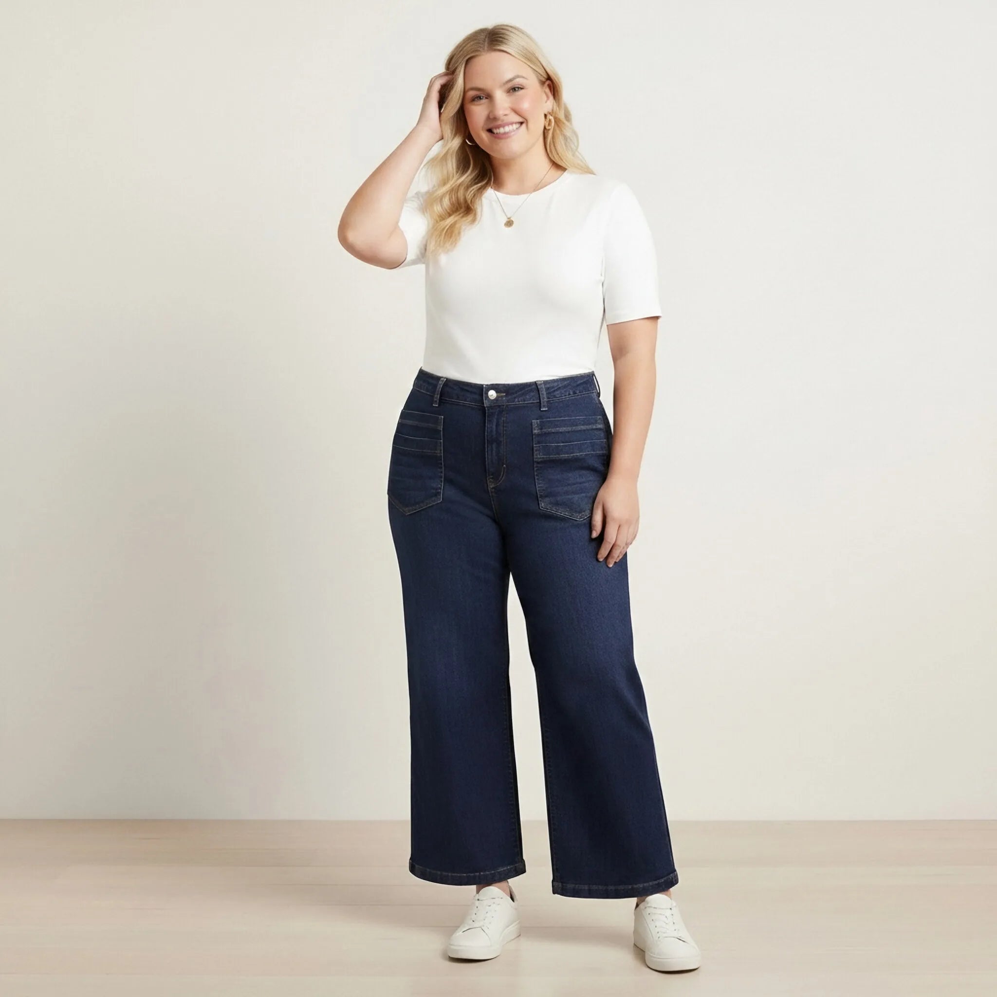 HME Women's Plus Size Dark Blue Wide Leg Jeans with Front Pockets