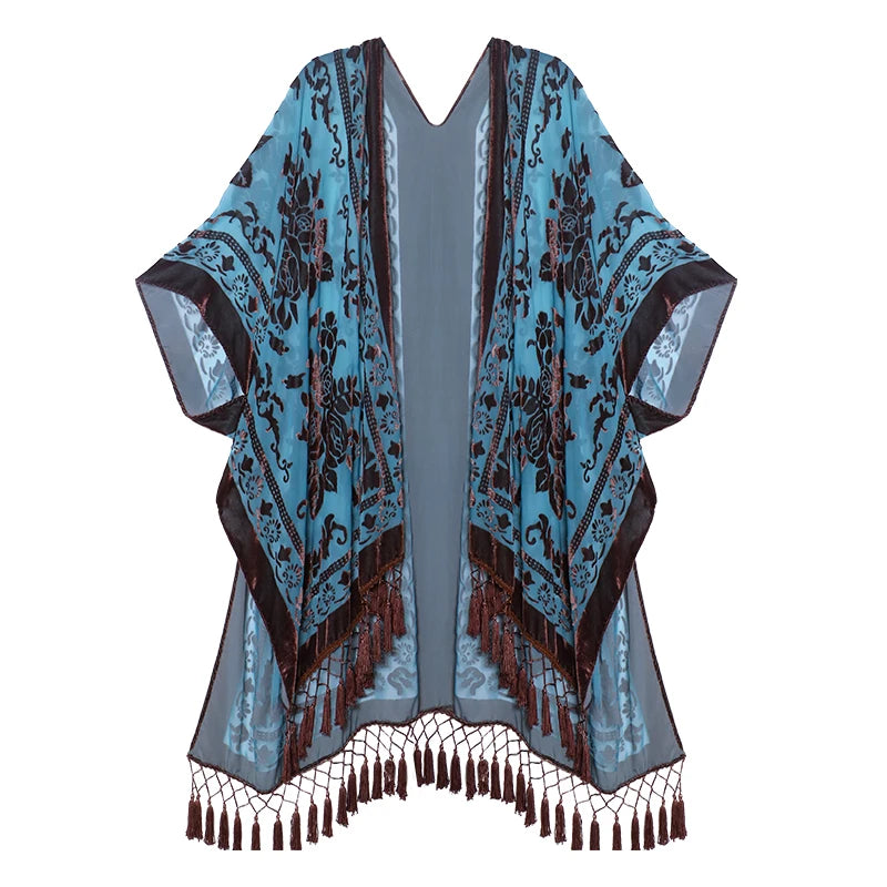 Blue Vintage Burnout Velvet Kimono Cardigan Cover Up Women One Size