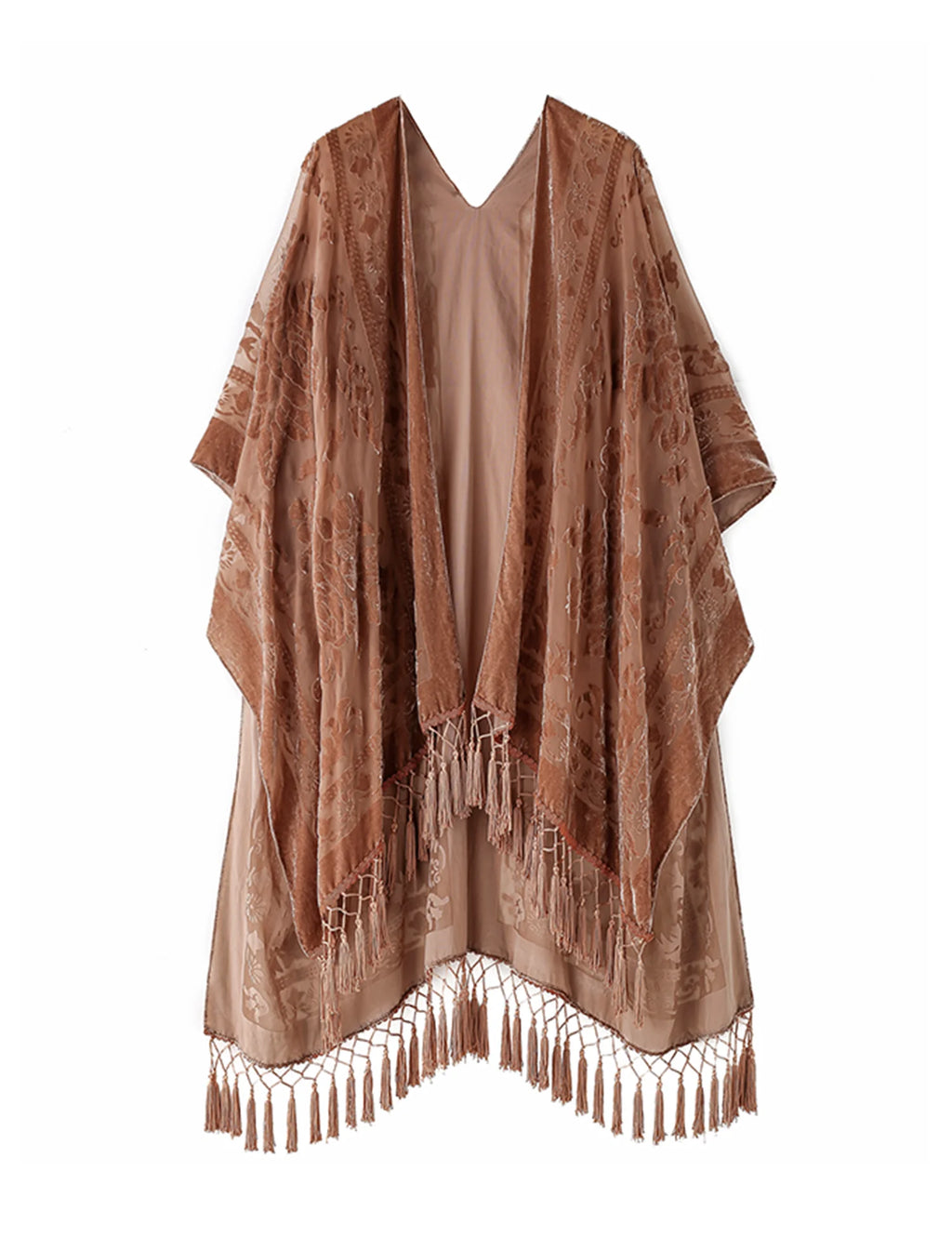 Brown Floral Velvet Burnout Kimono Shawl Scarf Wrap Women One Size