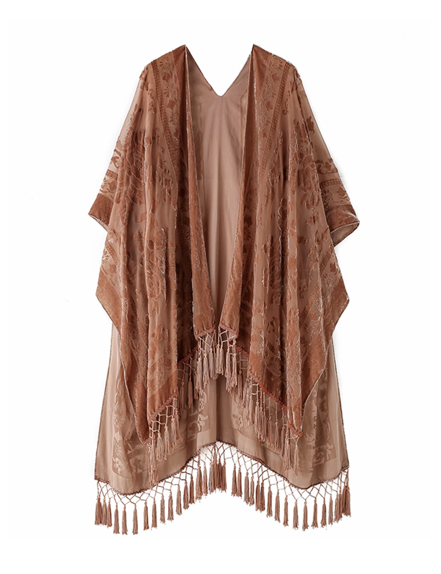Brown Floral Velvet Burnout Kimono Shawl Scarf Wrap Women One Size