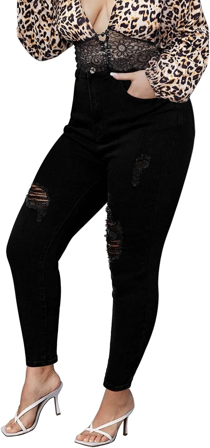 Women Plus Size Black Ripped Skinny Jeans High Waist Distressed Denim