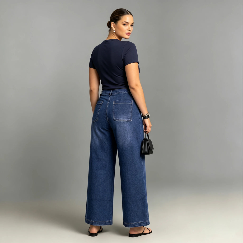 Plus Size Wide Leg Jeans High Waist Blue Denim Front Pocket Curvy Women