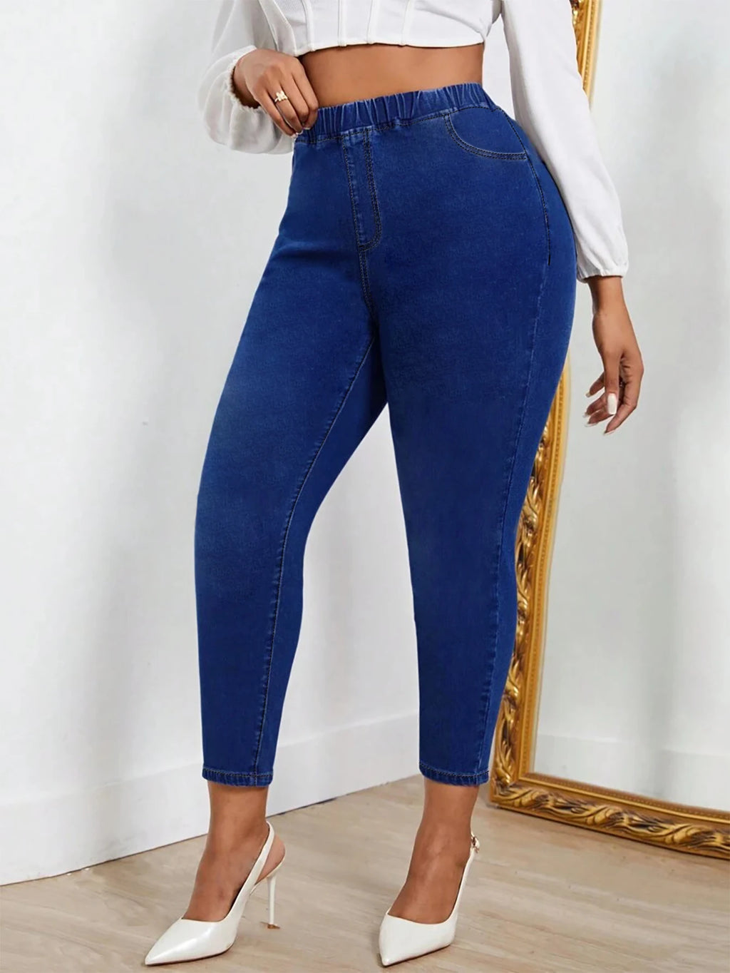 Women Plus Size Navy Skinny Jeans Stretch Mid Rise Denim