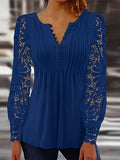 Women Plus Size Blue Lace Long Sleeve V Neck Blouse Loose Fit