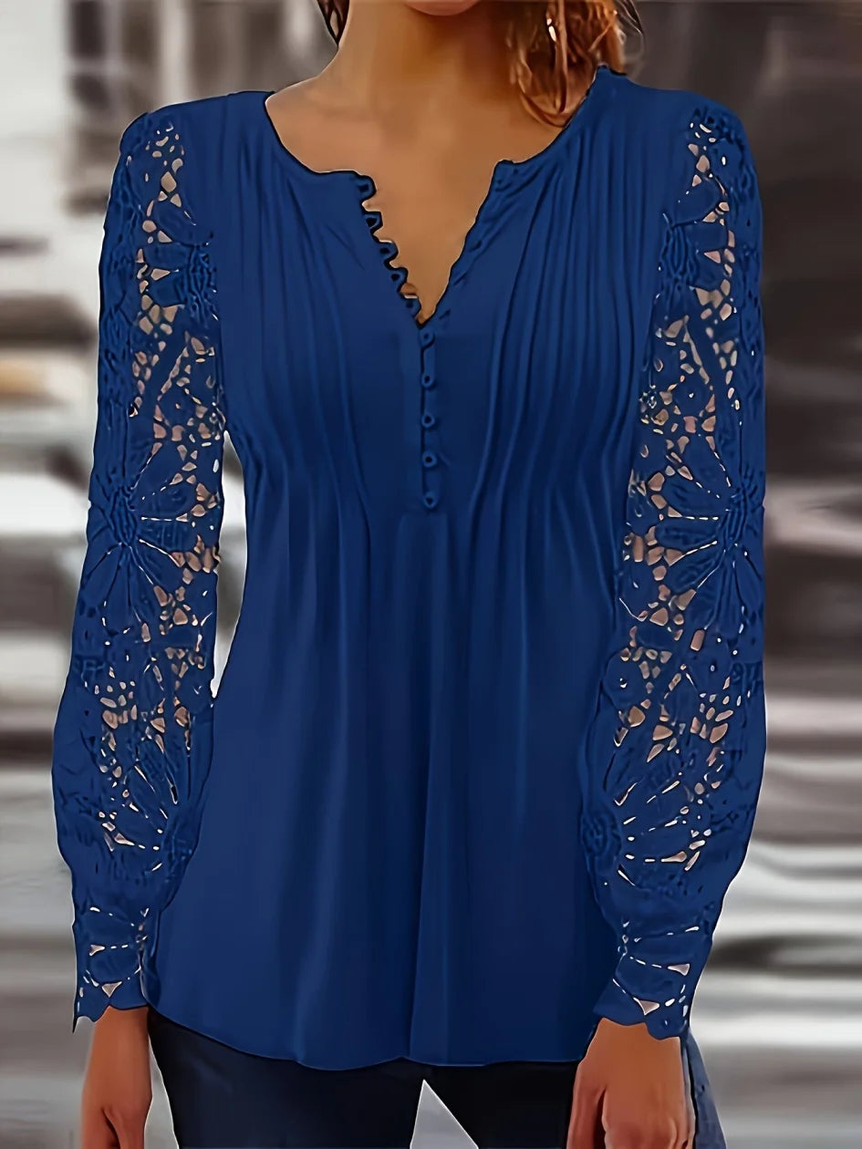 Women Plus Size Blue Lace Long Sleeve V Neck Blouse Loose Fit