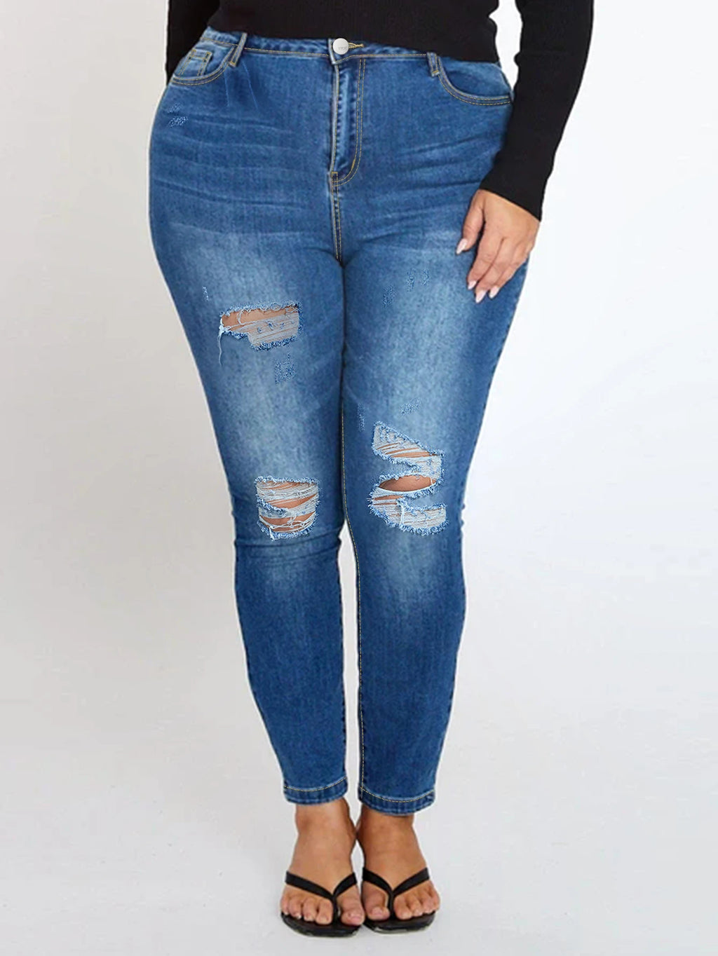 Women Plus Size Blue Ripped Skinny Jeans Stretch Mid Rise Denim
