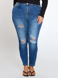 Women Plus Size Blue Ripped Skinny Jeans Stretch Mid Rise Denim
