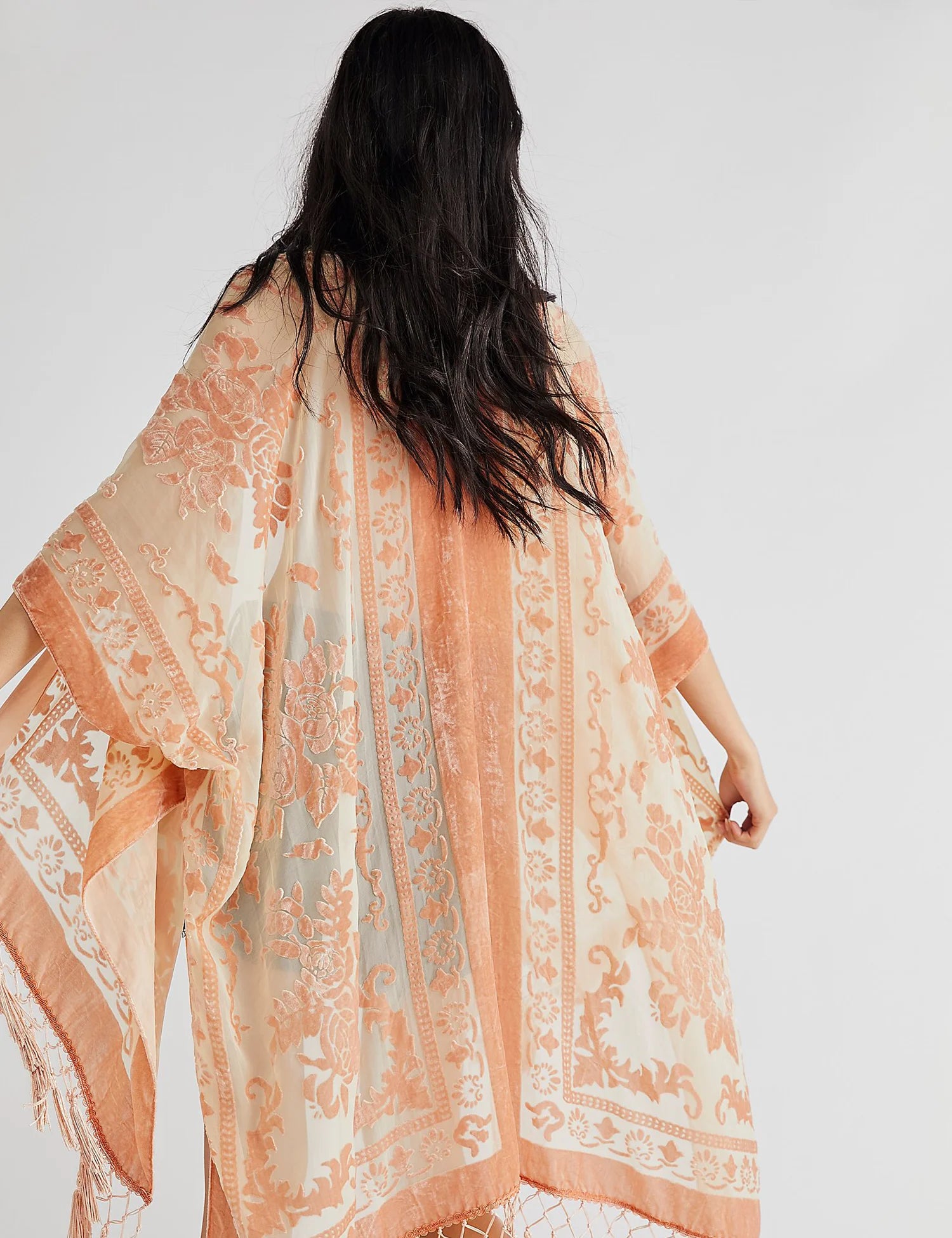 Orange Floral Burnout Velvet Kimono Tassel Shawl Wrap Women 108x90cm
