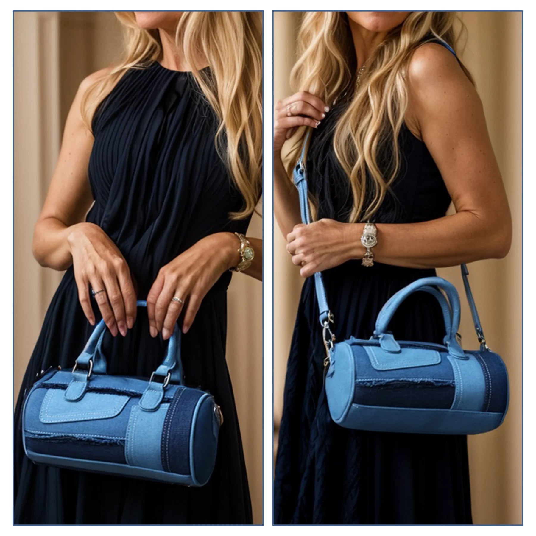 Women's Denim Barrel Duffel Handbag Small Satchel Bag