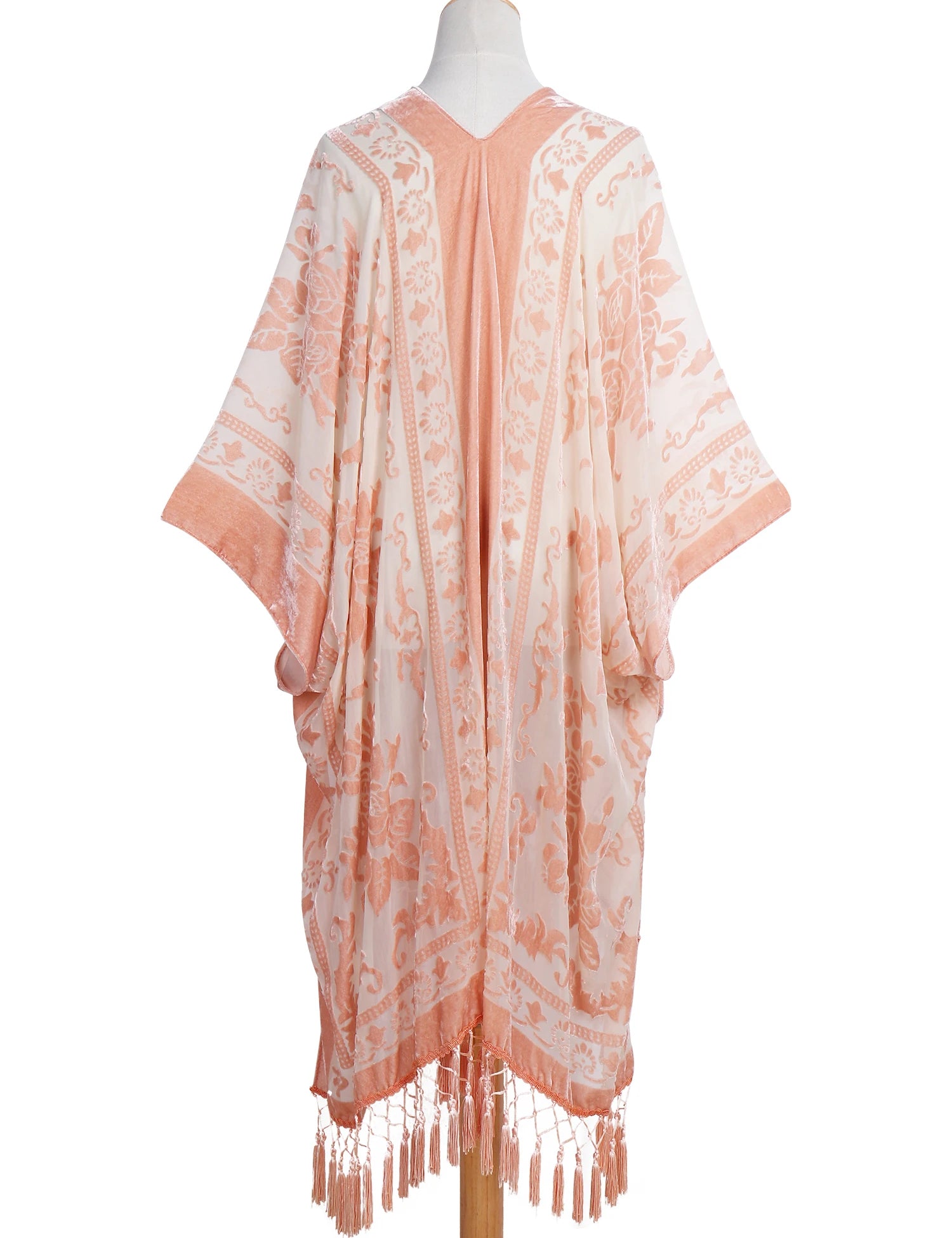Orange Floral Burnout Velvet Kimono Tassel Shawl Wrap Women 108x90cm