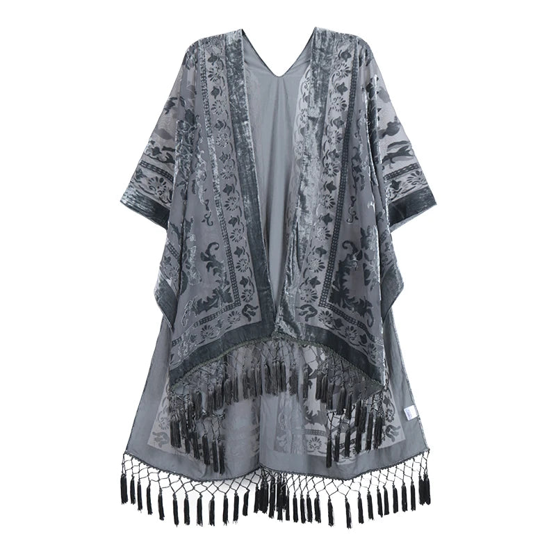 Black Beige Floral Burnout Velvet Kimono Robe Plus Size Women