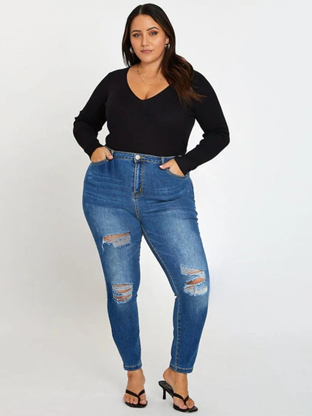 Women Plus Size Blue Ripped Skinny Jeans Stretch Mid Rise Denim