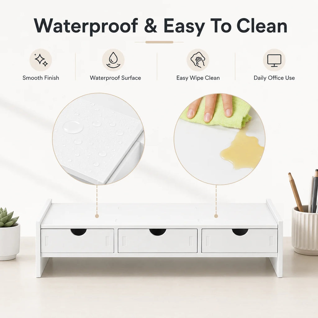 White Desktop Monitor Stand with 3 Storage Drawers