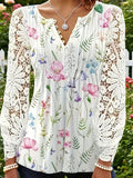 Women Plus Size White Floral Lace Sleeve V Neck Henley Blouse