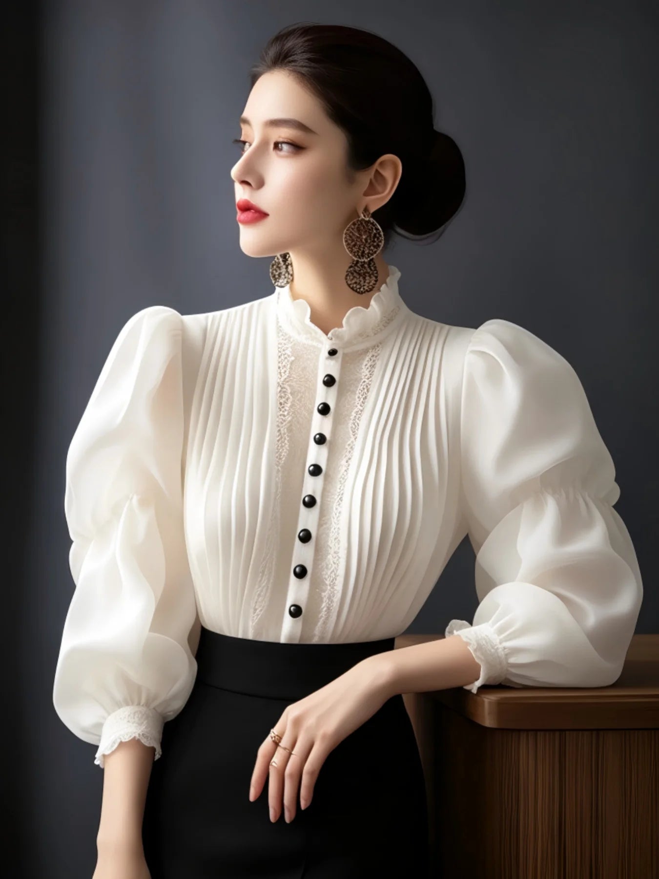Plus Size White Victorian Lace Blouse Mock Neck Puff Sleeve Women