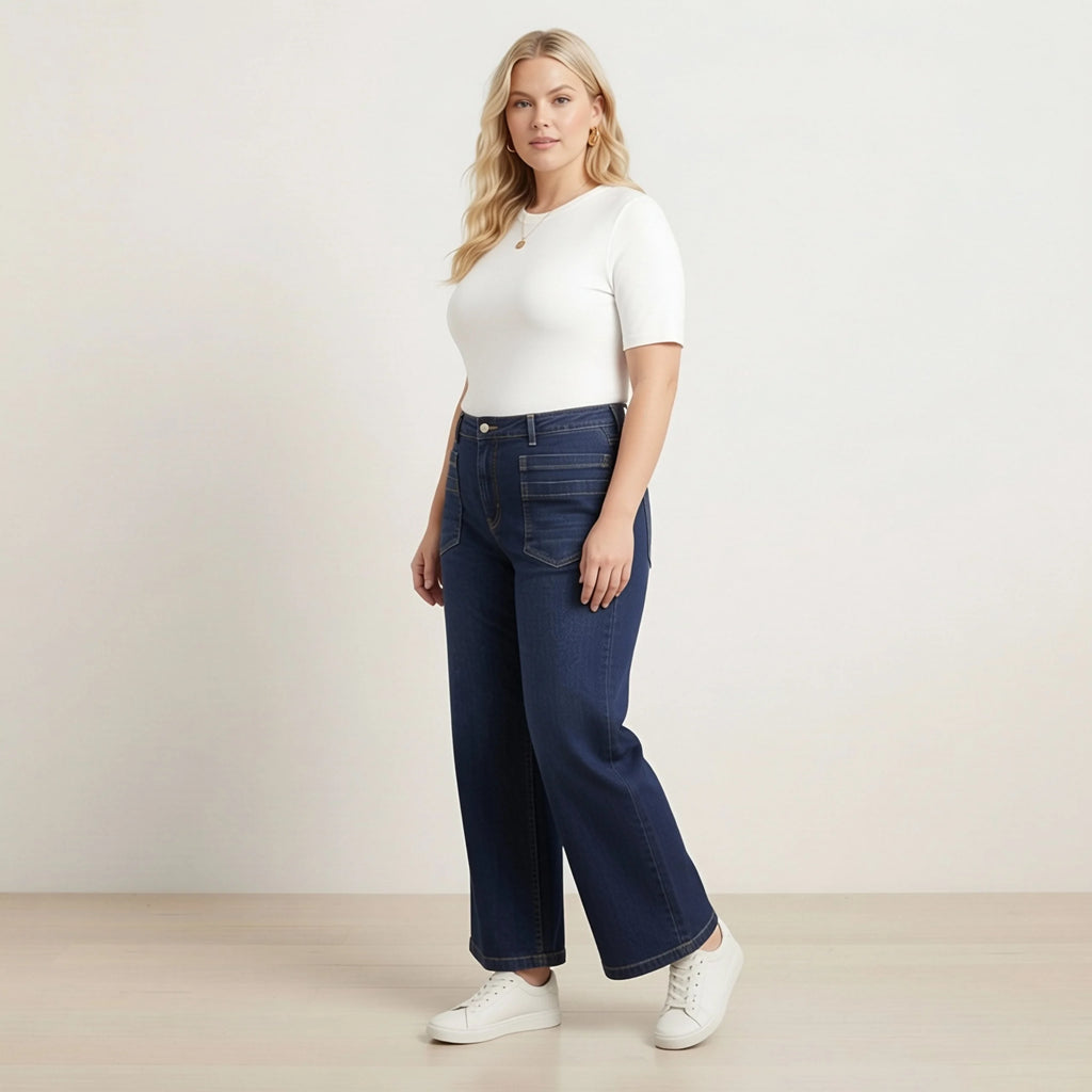 HME Women's Plus Size Dark Blue Wide Leg Jeans with Front Pockets