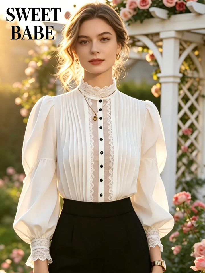 Victorian White Blouse with Black Lace Trim