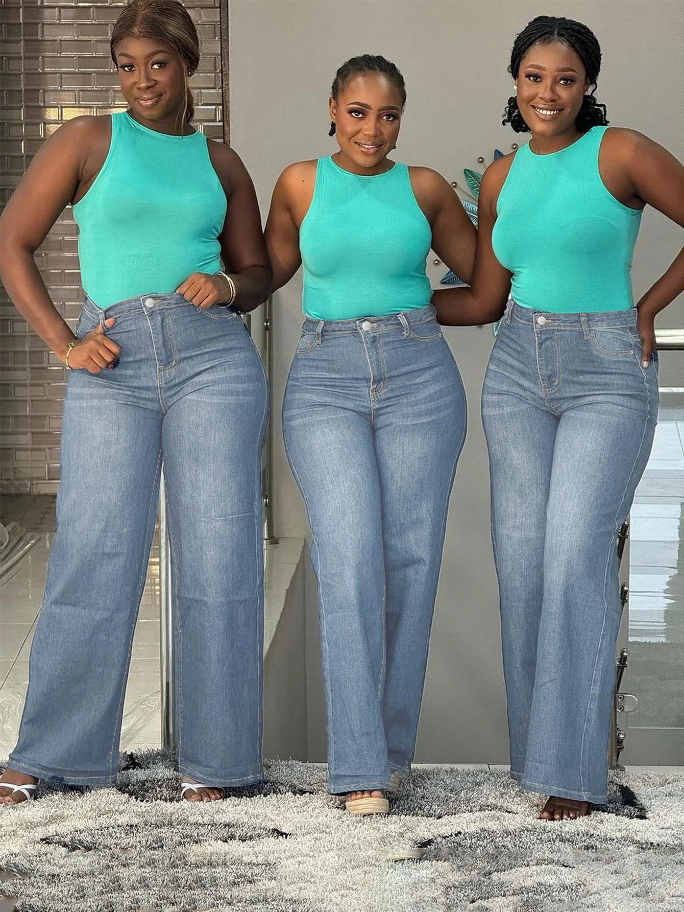 Women Plus Size Light Blue Wide Leg Jeans High Waist Stretch Denim