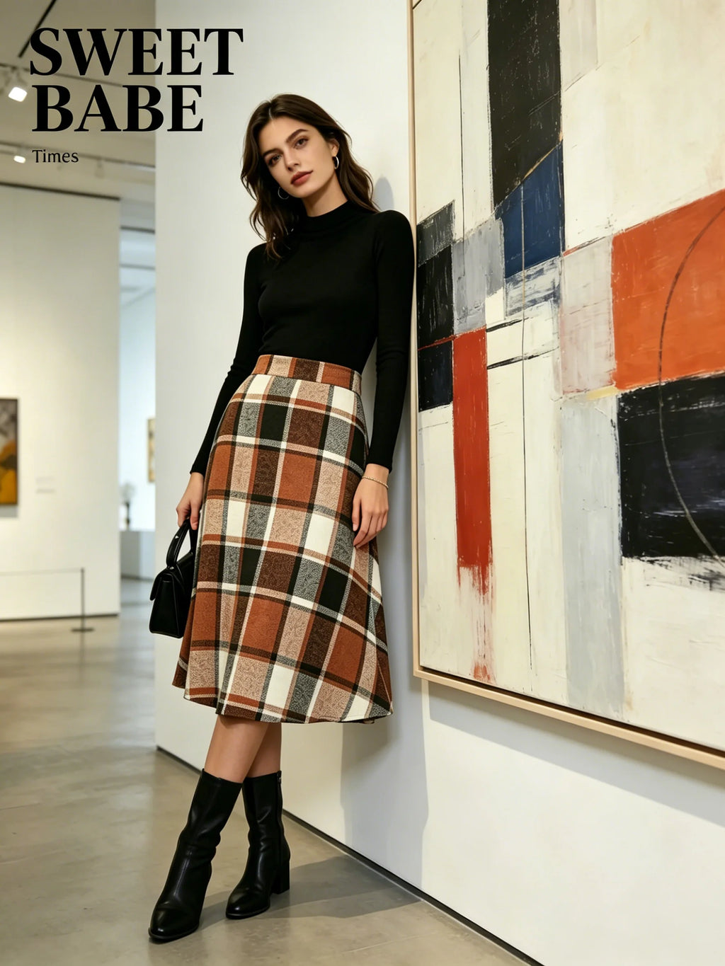 SWEET BABE Women's Brown Plaid A-Line Midi Skirt
