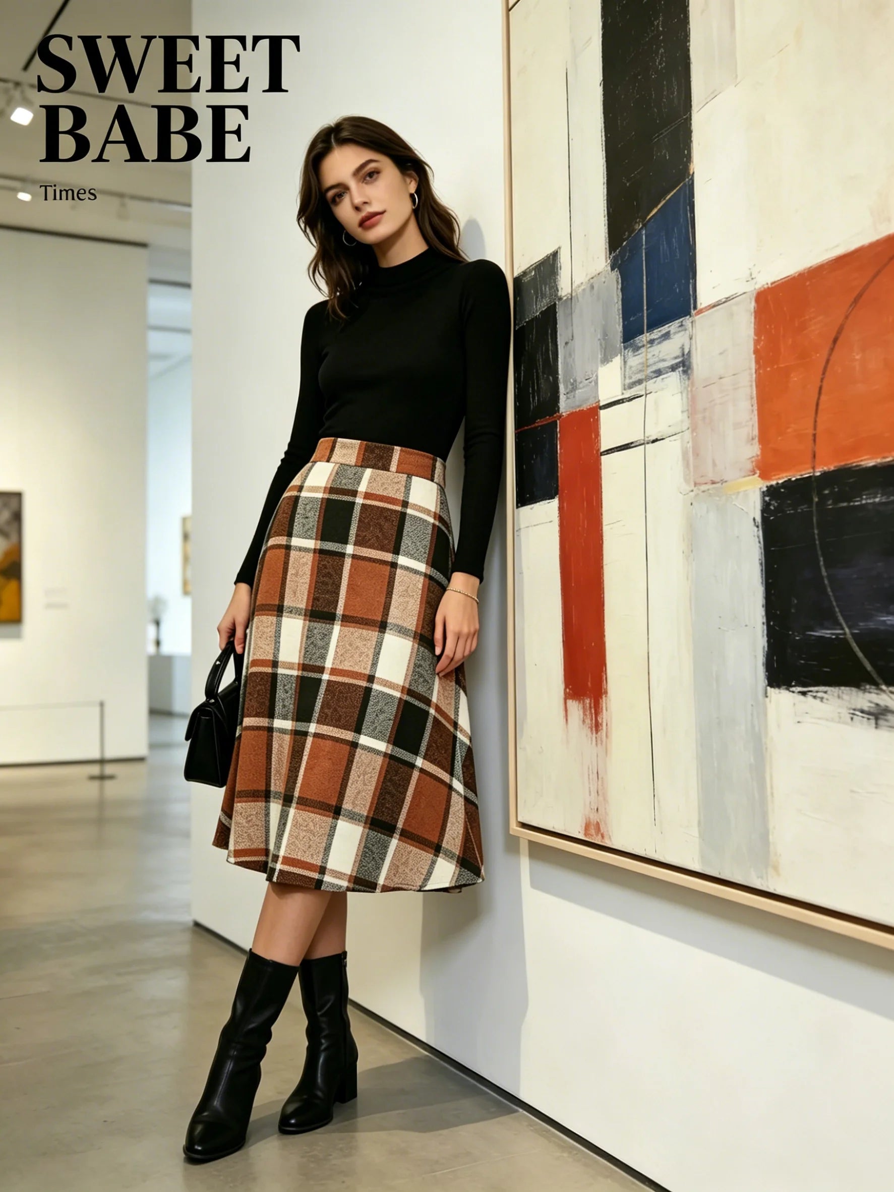 SWEET BABE Women's Brown Plaid A-Line Midi Skirt